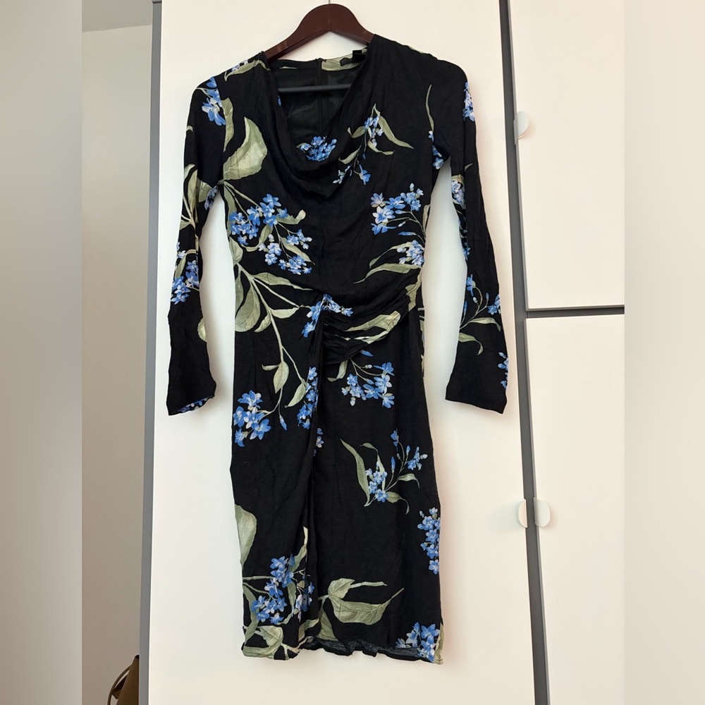 Women's Black Long Sleeve Floral Ruched Midi Dress